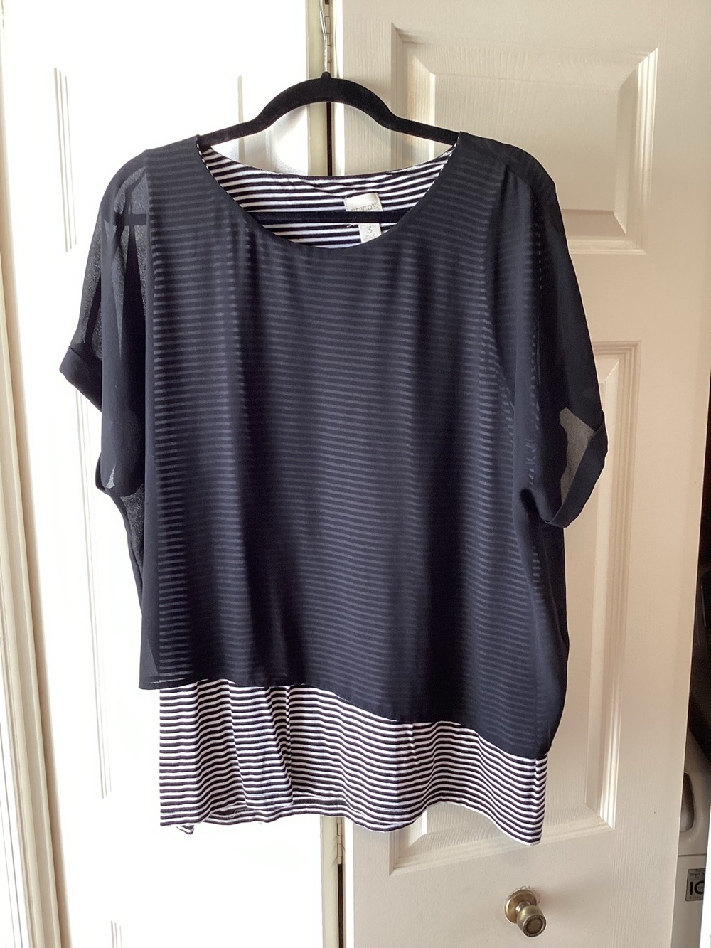 Chico's Black Layered Short-Sleeve Tunic with Black-and-White Striped Hem
